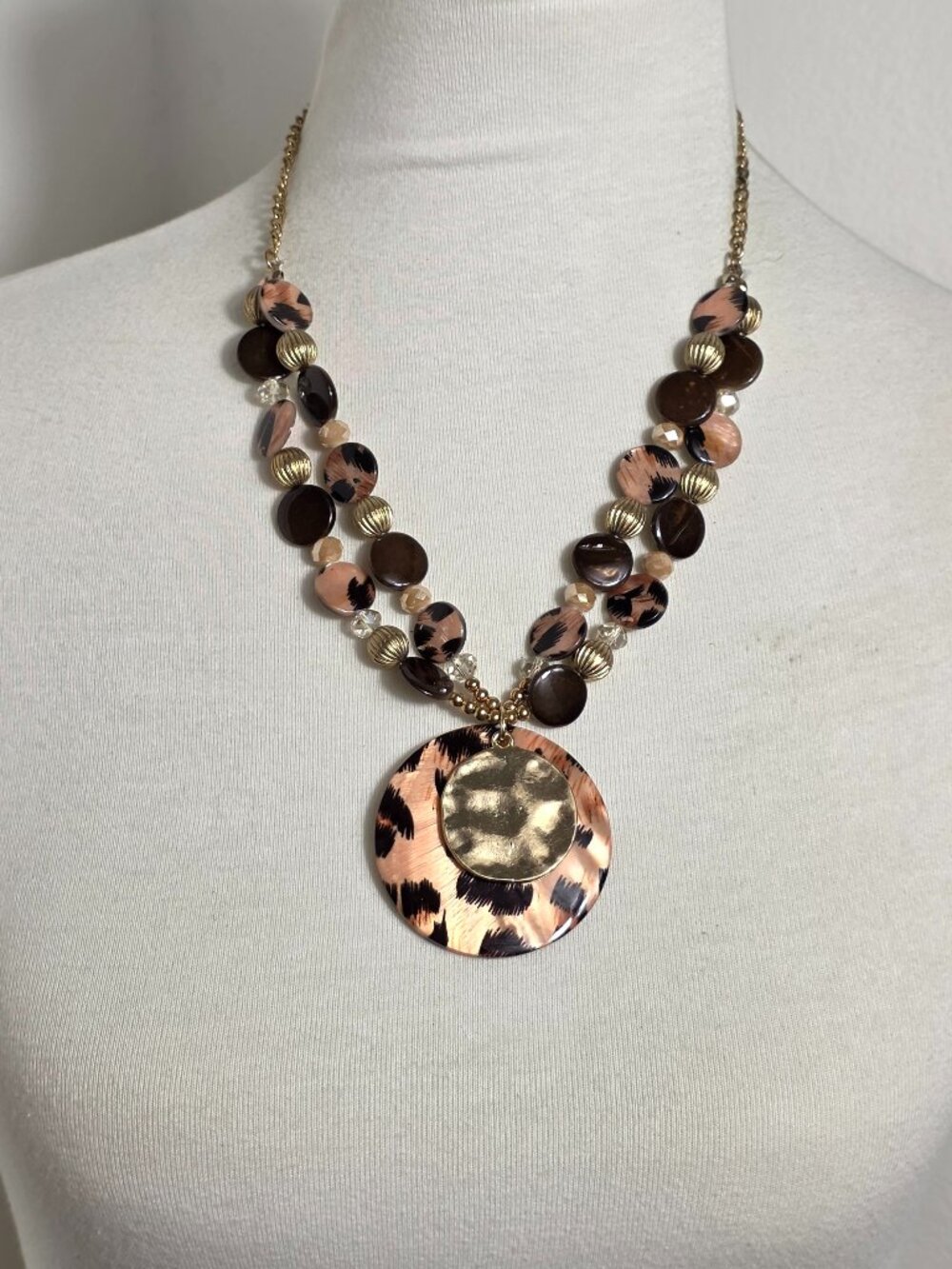 Chunky Dual-Strand Leopard Print Statement Necklace Double Disc Pendant
